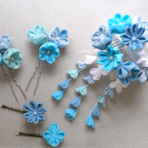 受注制作】舞妓さん風☆水色髪飾り つまみ細工 七五三、ひな祭り、卒業