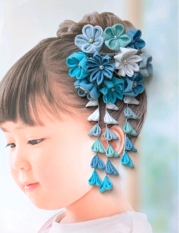 受注制作】舞妓さん風☆水色髪飾り つまみ細工 七五三、ひな祭り、卒業