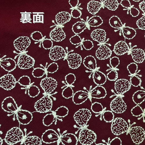 s16-r▽コットンリネン刺繍生地▽蝶々柄 薄手 ワインレッド 赤地