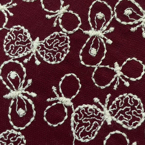 s16-r▽コットンリネン刺繍生地▽蝶々柄 薄手 ワインレッド 赤地