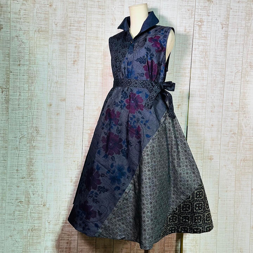 数種類の正絹大島紬でショールカラーテントラインワンピースM〜L  