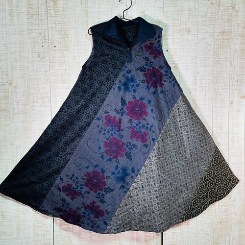 数種類の正絹大島紬でショールカラーテントラインワンピースM〜L  