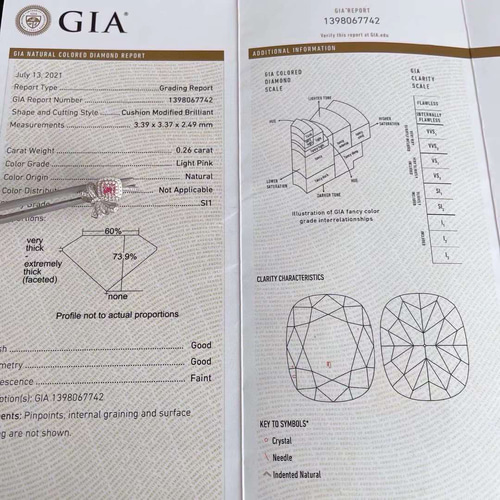 GIA鑑定書付き 0.26ct天然ピンクダイヤモンド 高品質 クッションカット 