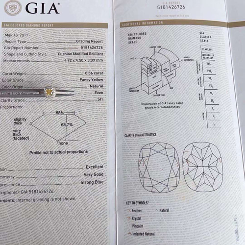 GIA鑑定書付き 0.56ct天然イエローダイヤモンド 指輪 K18 指輪・リング 