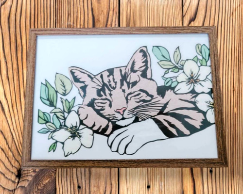 切り絵の一閑張り・猫 （切り絵×ちぎり絵】japanese origami