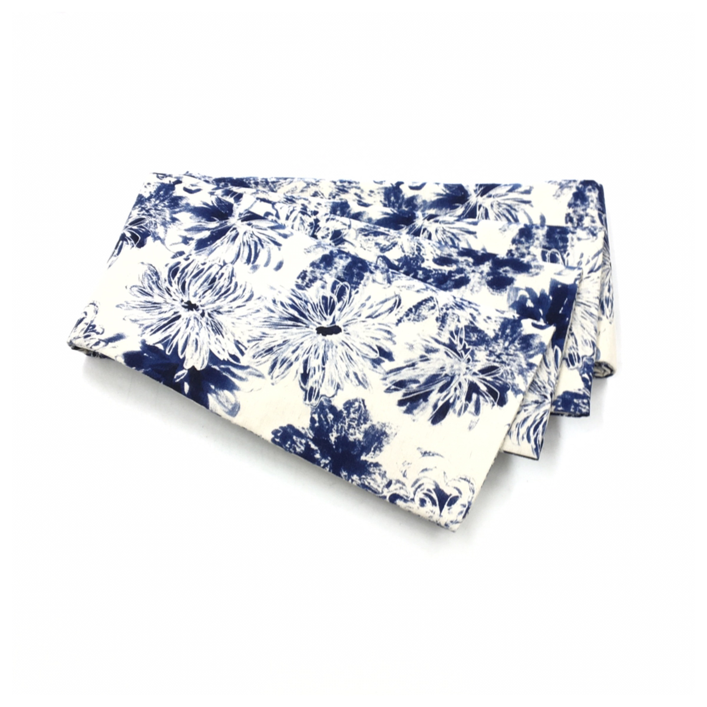 綿麻　半幅帯　藍エレガント花模様　アイボリー　長尺440　全通　新品