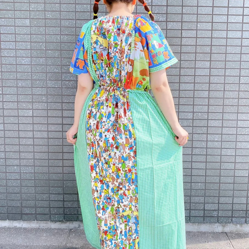古着リメイク　アイボリーオーバーオールの贅沢パッチワークワンピース 古着リメイク アイボリーオーバーオールの贅沢パッチワーク