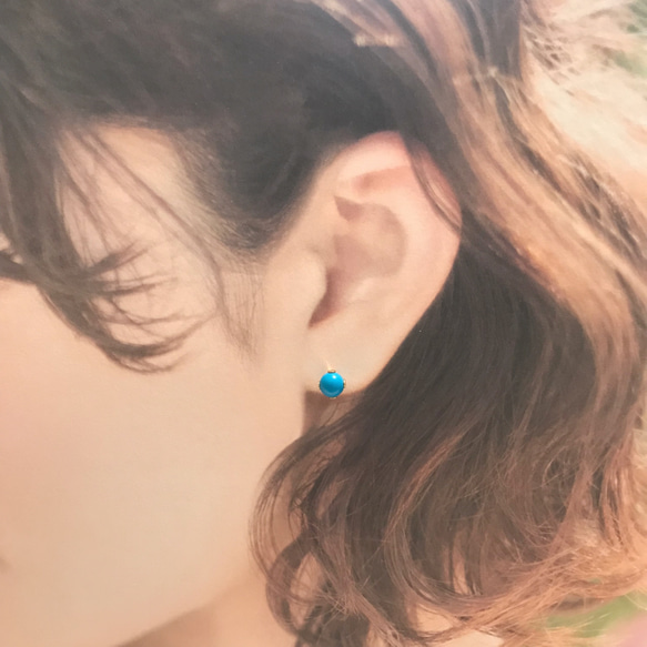 627【ターコイズ】天然石一粒ピアス＊6mm 4枚目の画像