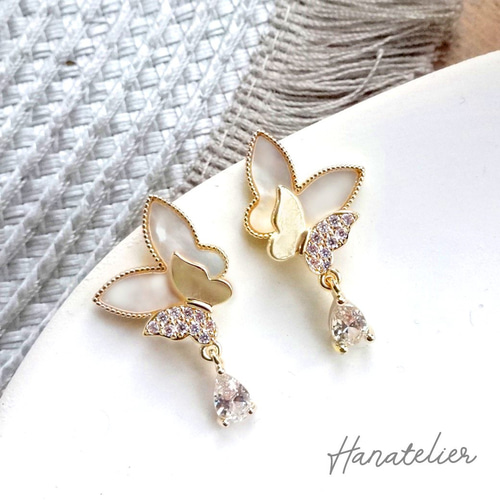 K18YG キュービックジルコニア　ピアス　バタフライ ゆうパケット】ピアス 金属アレルギー ニッケルフリー 18k