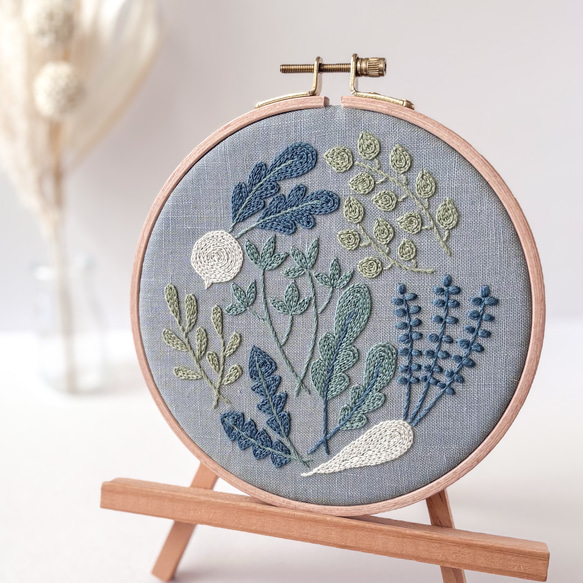 刺繍　ファブリックパネル 春の七草 刺繍ファブリックパネル 直径16cm /新春 お正月 冬