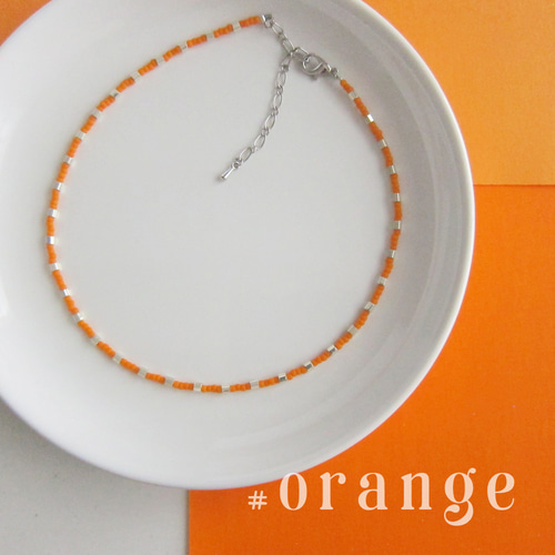 オレンジ シルバー ドット ガラス ビーズ ネックレス #orange