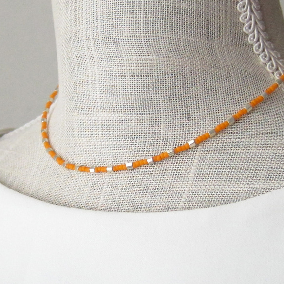 オレンジ シルバー ドット ガラス ビーズ ネックレス #orange