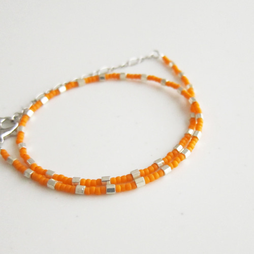 オレンジ シルバー ドット ガラス ビーズ ネックレス #orange