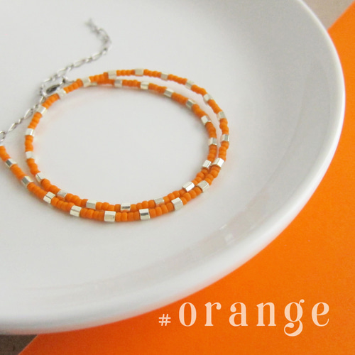 オレンジ シルバー ドット ガラス ビーズ ネックレス #orange