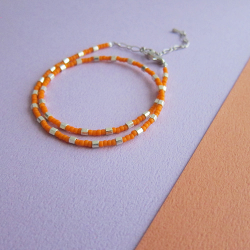 オレンジ シルバー ドット ガラス ビーズ ネックレス #orange