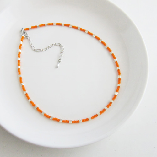 オレンジ シルバー ドット ガラス ビーズ ネックレス #orange