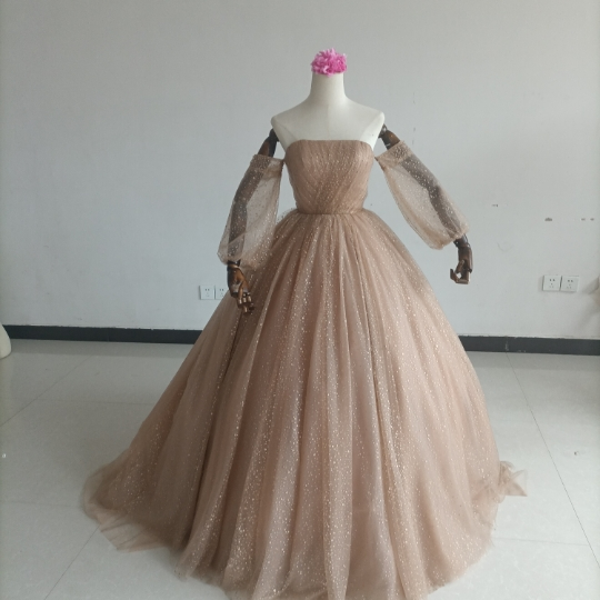 高品質！カーキ色 カラードレス キラキラグリッターチュール 取り外し袖 編み上げ 披露宴/前撮り