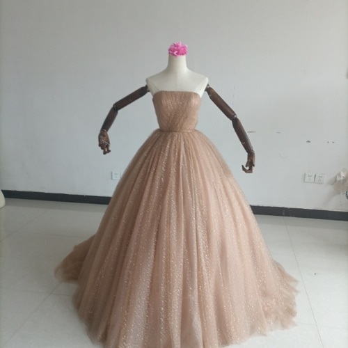 高品質！カーキ色 カラードレス キラキラグリッターチュール 取り外し  