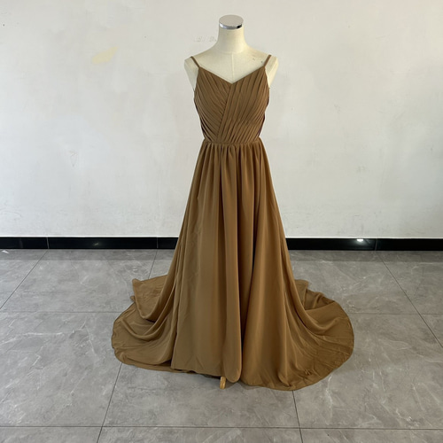 Vネックドレス カラードレス テラコッタ色 背中見せ トレーン 二次会/2  