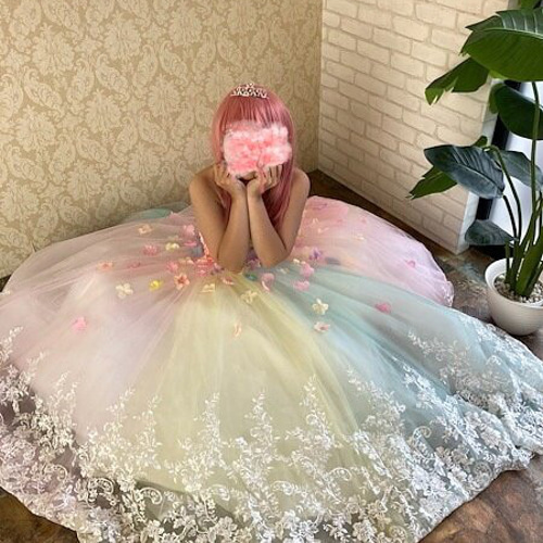 実例写真！レインボー ベアトップ 花モチーフ 裾に繊細レースを  