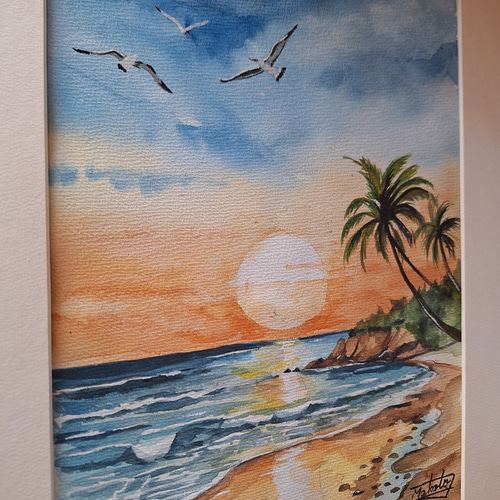 水彩画 夕日の海岸 絵画 makochin 通販 18088587｜Creema(クリーマ)