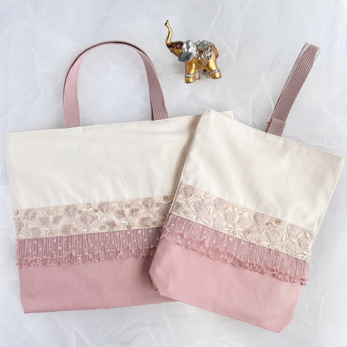 ⑅インド刺繍リボン⑅レッスンバッグ&上履き入れセット ❁チューリップ