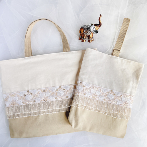 ⑅インド刺繍リボン⑅レッスンバッグ&上履き入れセット ❁チューリップ