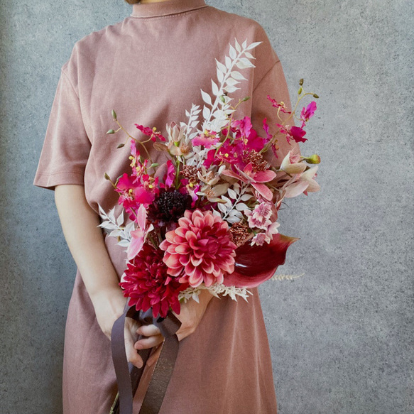 アーティフッシャルフラワー ブーケ 赤 ピンク ピンク芍薬の