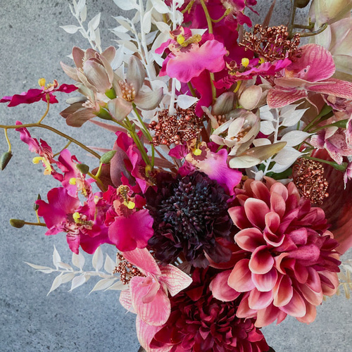 造花ブーケ ピンクオレンジ紫　胡蝶蘭 造花ブーケ ピンクオレンジ紫 胡蝶蘭