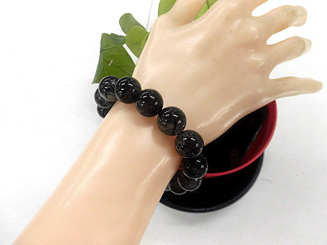 天然石 トルマリンインクォーツ13.3mm～13.9mm玉ブレスレット 内周18.4cm　　　240101763