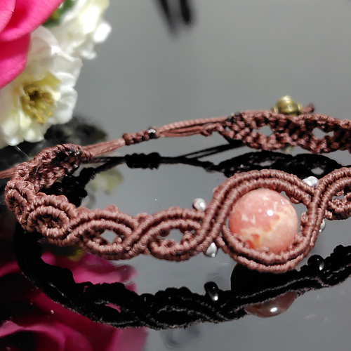 インカローズ】天然石 マクラメ ブレスレット ピンク ブラウン  