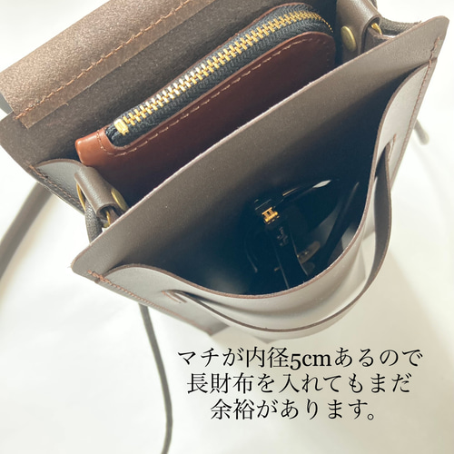カメラもメガネも入るレザーショルダーバッグ＊牛革 ミニショルダー 