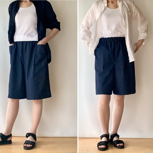やわらかデニムのハーフパンツ ウエストゴム キュロット・ワイド