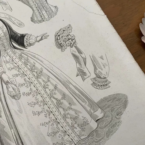 フランスアンティーク　LE FOLLET　ファッションフレーム　手彩色銅版画 A007【版画複製版】フランスアンティーク 貴婦人 ファッション誌