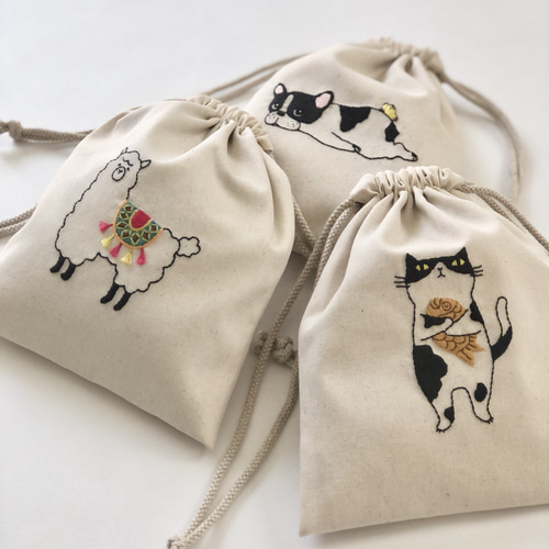 手刺繍＊巾着ポーチ（フレブルとちょうちょ） 巾着袋 ココカカオ 通販