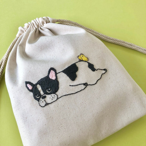 手刺繍＊巾着ポーチ（フレブルとちょうちょ） 巾着袋 ココカカオ 通販