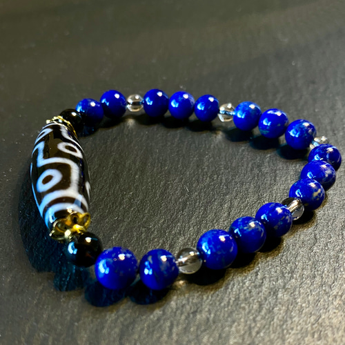 九眼天珠 ラピスラズリ モリオン 光波動 ブレスレット B0824-01