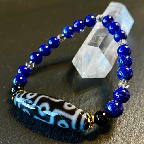 九眼天珠 ラピスラズリ モリオン 光波動 ブレスレット B0824-01