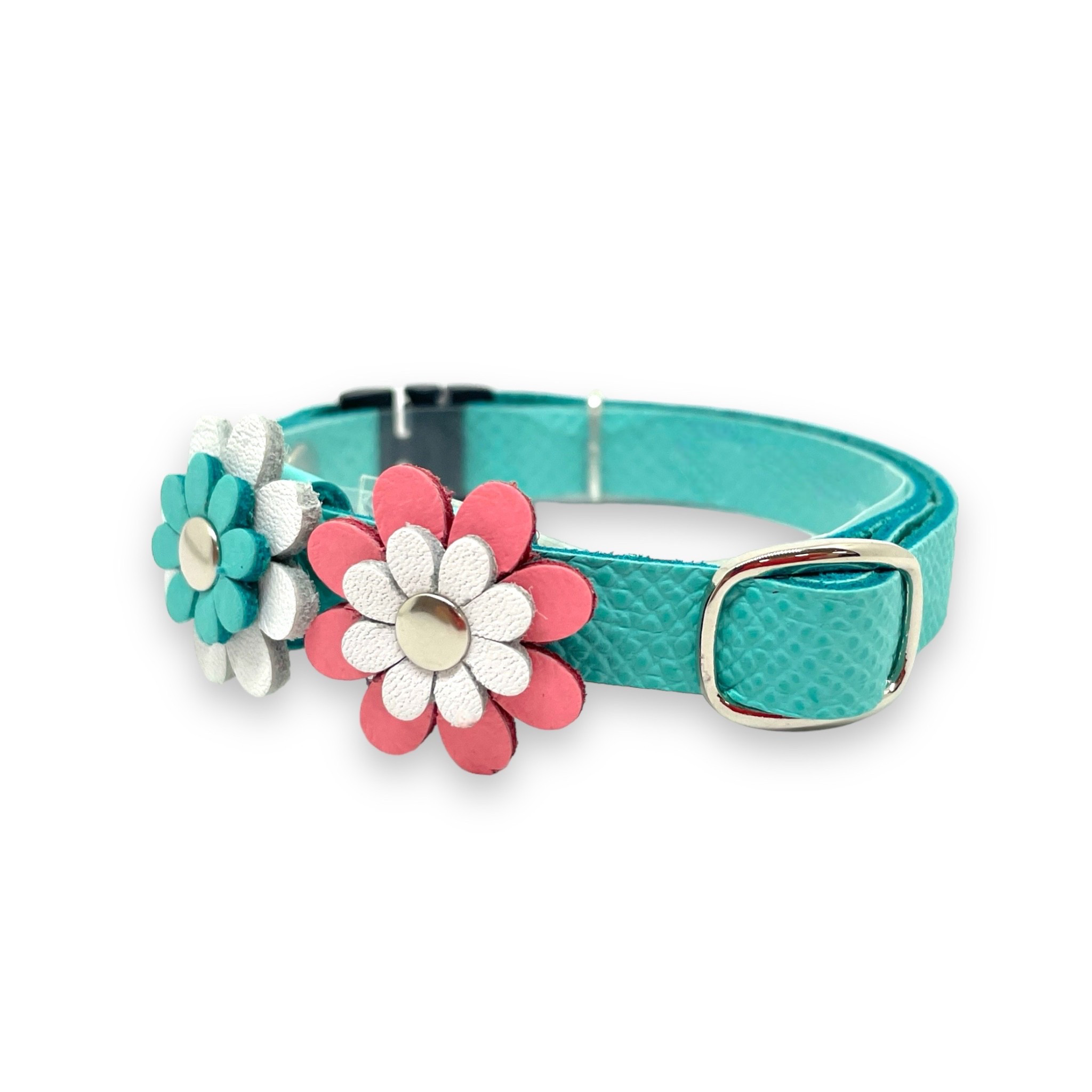 お花レザーの猫首輪　本革　名前入れ　セーフティ