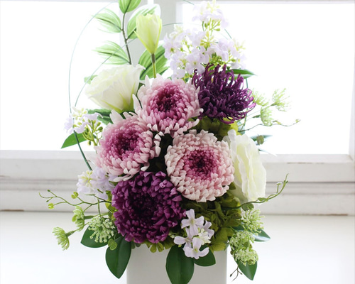 大輪菊の仏花（エテルネル 白紫）Lサイズ お供え花 プリザーブド