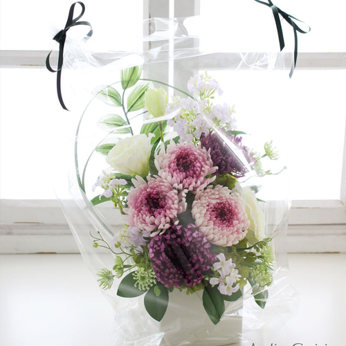 プリザーブドフラワー仏花(エトワール大) 大輪菊の仏花（エテルネル 白紫）Lサイズ お供え花 プリザーブド