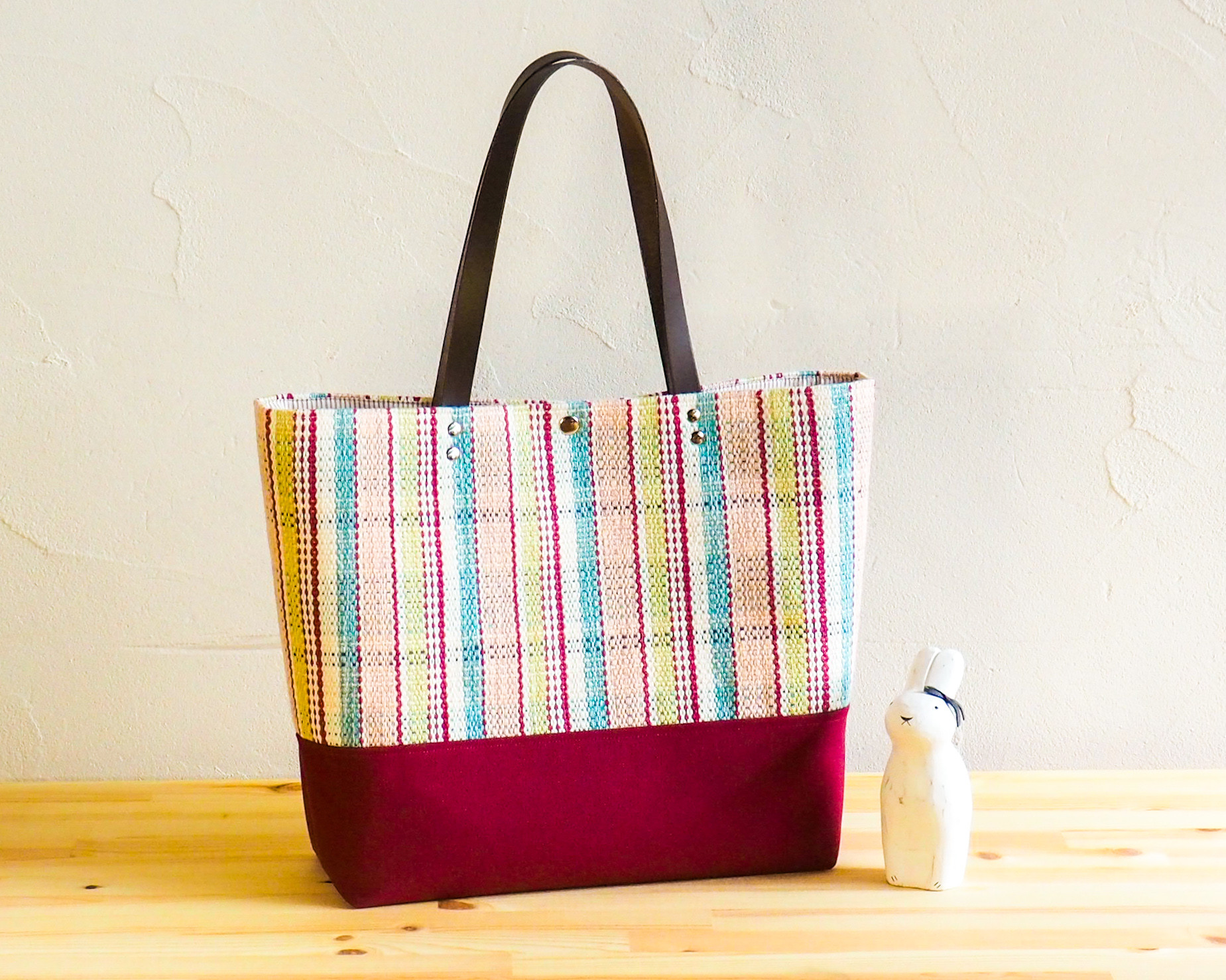 【SALE】夏色チェック手織り布のビッグトートバッグ（ピンク）