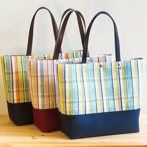 SALE】夏色チェック手織り布のビッグトートバッグ（ブルー） トート