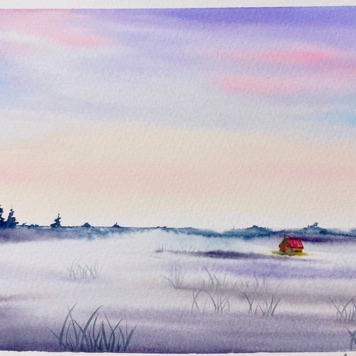 水彩原画-優しい朝焼け プレゼント/アート/インテリア/透明水彩 絵画