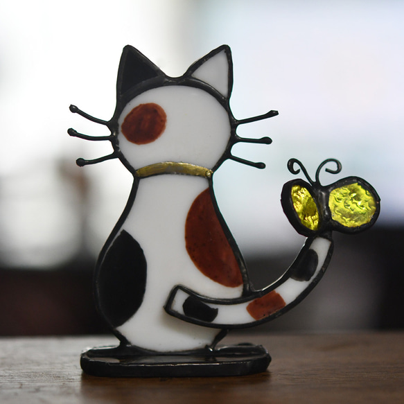 【驚きの値段で】 ネコ ステンドグラス 三毛猫さん もえくる その他インテリア雑貨 工芸品