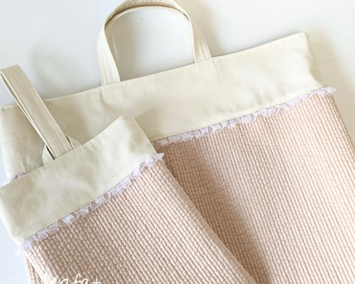 ヌビキルティングのレッスンバッグ レース・お名前刺繍付きにも 選べる