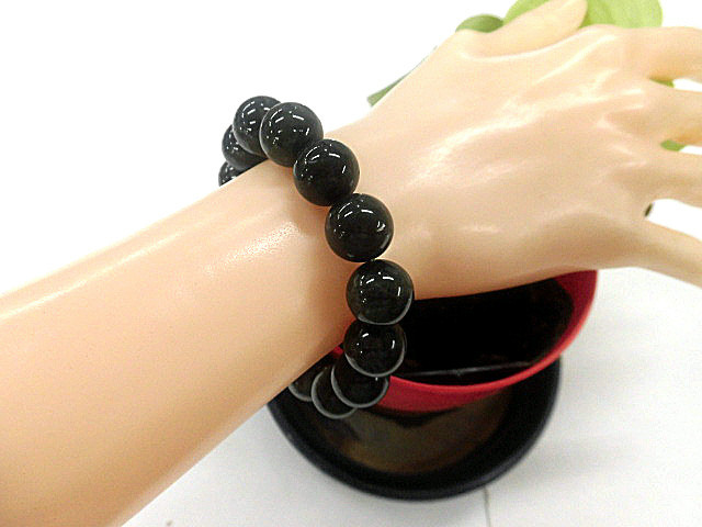 天然石 グリーンルチルクォーツ13.9mm～14.3mm玉ブレスレット 内周18.8cm　　　240101766