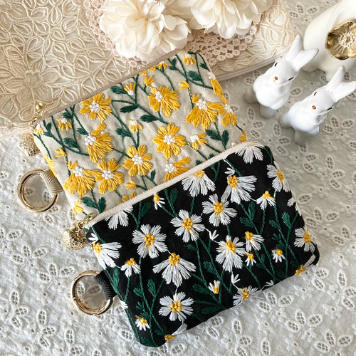 デイジー刺繍ポーチ デイジーポーチ 刺繍 花柄ポーチ 刺繍ポーチ