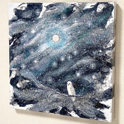 月に逢いにきた（原画） #月 #フクロウ #夜空 水晶 #黒 絵画 vega 通販