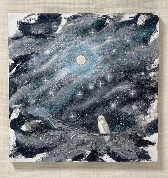 月に逢いにきた（原画） #月 #フクロウ #夜空 水晶 #黒 絵画 vega 通販